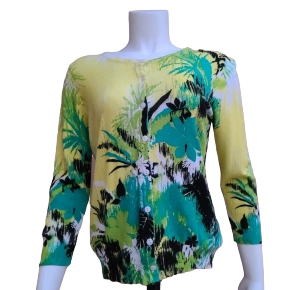 Tropical Floral Lightweight Cardigan Sweater PM Yellow Green Button Front 3/4 - Picture 8 of 15
